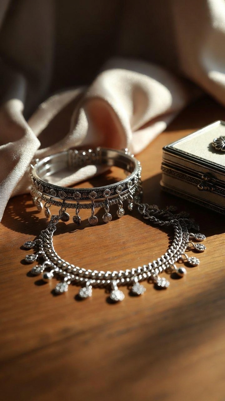 Accessoires luxe pour photo de pieds : anklets, tissu en soie, surface en bois, warm light, high detail