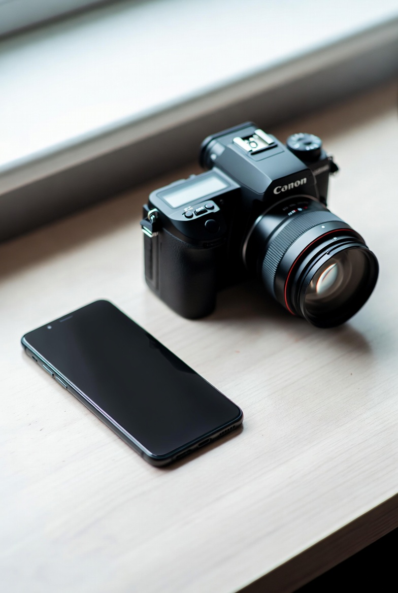 Photographie haute résolution d'un smartphone et d'une caméra DSLR sur un bureau propre, soft daylight, style minimalist, close-up